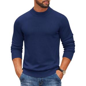imageCOOFANDY Mens Mock Turtleneck Ribbed Knit Pullover Sweater Casual Lightweight Slim fit Dress SweaterNavy Blue
