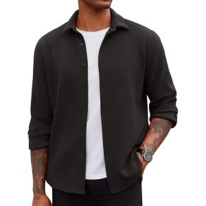 imageCOOFANDY Mens Overshirt Shacket Jacket Mens Textured Button Down Long Sleeve Shirts Fashion JacketBlack