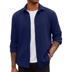 imageCOOFANDY Mens Overshirt Shacket Jacket Mens Textured Button Down Long Sleeve Shirts Fashion JacketNavy Blue