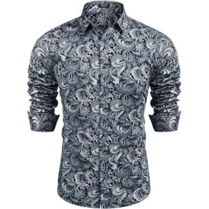 imageCOOFANDY Mens Paisley Cotton Long Sleeve Shirt Floral Print Casual Retro Button Down ShirtPattern 2