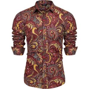 imageCOOFANDY Mens Paisley Cotton Long Sleeve Shirt Floral Print Casual Retro Button Down ShirtRed
