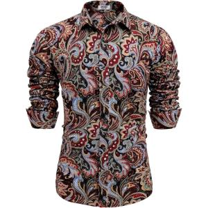 imageCOOFANDY Mens Paisley Cotton Long Sleeve Shirt Floral Print Casual Retro Button Down ShirtWine Red