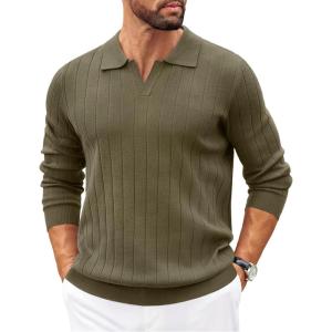 imageCOOFANDY Mens Polo Sweaters Long Sleeve V Neck Knit Polos Lightweight Casual Pullover SweaterArmy Green