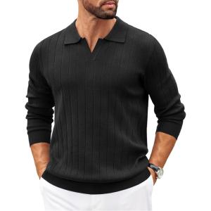 imageCOOFANDY Mens Polo Sweaters Long Sleeve V Neck Knit Polos Lightweight Casual Pullover SweaterBlack