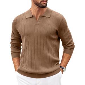 imageCOOFANDY Mens Polo Sweaters Long Sleeve V Neck Knit Polos Lightweight Casual Pullover SweaterBrown