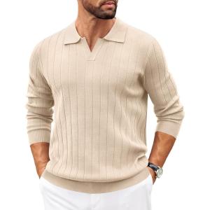 imageCOOFANDY Mens Polo Sweaters Long Sleeve V Neck Knit Polos Lightweight Casual Pullover SweaterCream