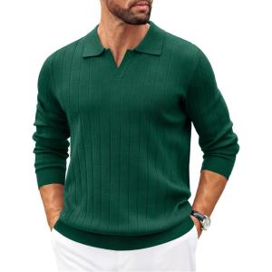 imageCOOFANDY Mens Polo Sweaters Long Sleeve V Neck Knit Polos Lightweight Casual Pullover SweaterDark Green