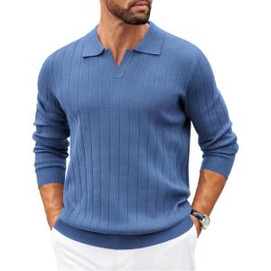 imageCOOFANDY Mens Polo Sweaters Long Sleeve V Neck Knit Polos Lightweight Casual Pullover SweaterDemin Blue