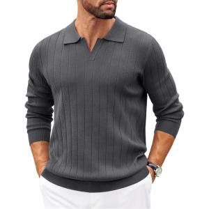 imageCOOFANDY Mens Polo Sweaters Long Sleeve V Neck Knit Polos Lightweight Casual Pullover SweaterGrey
