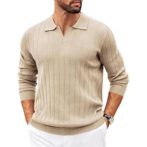 imageCOOFANDY Mens Polo Sweaters Long Sleeve V Neck Knit Polos Lightweight Casual Pullover SweaterKhaki