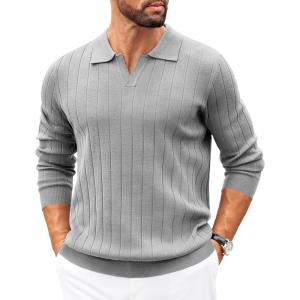 imageCOOFANDY Mens Polo Sweaters Long Sleeve V Neck Knit Polos Lightweight Casual Pullover SweaterLight Grey