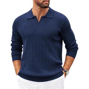 imageCOOFANDY Mens Polo Sweaters Long Sleeve V Neck Knit Polos Lightweight Casual Pullover SweaterNavy Blue