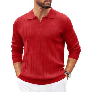 imageCOOFANDY Mens Polo Sweaters Long Sleeve V Neck Knit Polos Lightweight Casual Pullover SweaterRed