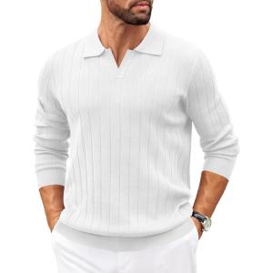 imageCOOFANDY Mens Polo Sweaters Long Sleeve V Neck Knit Polos Lightweight Casual Pullover SweaterWhite