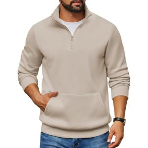 imageCOOFANDY Mens Quarter Zip Pullover Fleece Lined Sweatshirts Long Sleeve Mock Neck Sweater with PocketKhaki