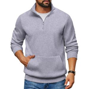 imageCOOFANDY Mens Quarter Zip Pullover Fleece Lined Sweatshirts Long Sleeve Mock Neck Sweater with PocketLight Grey