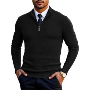 imageCOOFANDY Mens Quarter Zip Pullover Sweater Slim Fit Knit Mock Neck Polo SweatersBlack