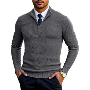 imageCOOFANDY Mens Quarter Zip Pullover Sweater Slim Fit Knit Mock Neck Polo SweatersDark Grey