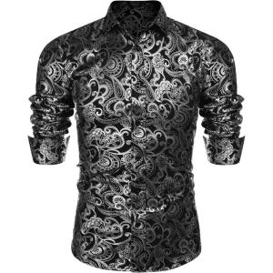 imageCOOFANDY Mens Rose Shiny Shirt Luxury Flowered Printed Button Down Shirt