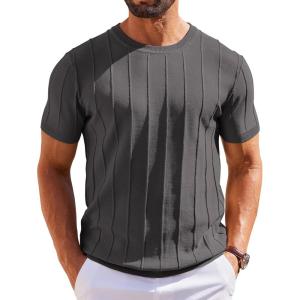 imageCOOFANDY Mens T Shirts Short Sleeve Knit Sweater Shirt Casual Crewneck Ribbed Pullover TeesDark Grey