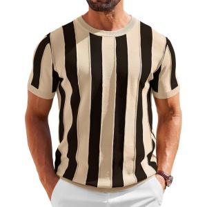 imageCOOFANDY Mens T Shirts Short Sleeve Knit Sweater Shirt Casual Crewneck Ribbed Pullover TeesKhaki  Black Stripes