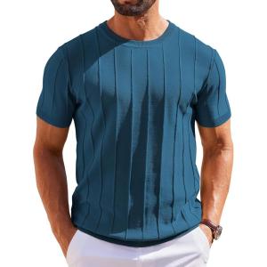 imageCOOFANDY Mens T Shirts Short Sleeve Knit Sweater Shirt Casual Crewneck Ribbed Pullover TeesPeacock Blue