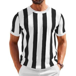 imageCOOFANDY Mens T Shirts Short Sleeve Knit Sweater Shirt Casual Crewneck Ribbed Pullover TeesWhite  Black Stripes