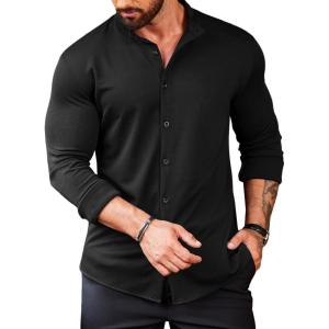 imageCOOFANDY Menss Long Sleeve Button Up Shirts Athletic Fitted Dress Shirts Silm Fit01black
