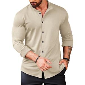 imageCOOFANDY Menss Long Sleeve Button Up Shirts Athletic Fitted Dress Shirts Silm FitKhaki