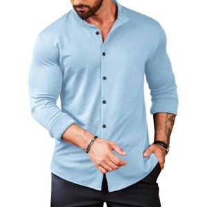 imageCOOFANDY Menss Long Sleeve Button Up Shirts Athletic Fitted Dress Shirts Silm FitLight Blue