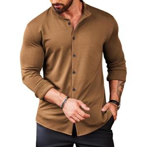 imageCOOFANDY Menss Long Sleeve Button Up Shirts Athletic Fitted Dress Shirts Silm FitLight Brown