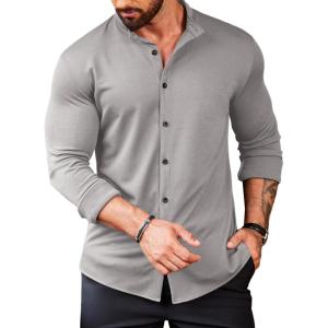 imageCOOFANDY Menss Long Sleeve Button Up Shirts Athletic Fitted Dress Shirts Silm FitLight Gray