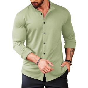 imageCOOFANDY Menss Long Sleeve Button Up Shirts Athletic Fitted Dress Shirts Silm FitLight Green