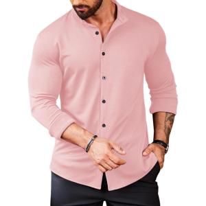 imageCOOFANDY Menss Long Sleeve Button Up Shirts Athletic Fitted Dress Shirts Silm FitPink