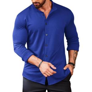 imageCOOFANDY Menss Long Sleeve Button Up Shirts Athletic Fitted Dress Shirts Silm FitRoyal Blue