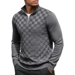 imageCOOFANDY Quarter Zip Pullover Men Dress Sweaters Long Sleeve Jacquard Checkered SweaterDeep Grey