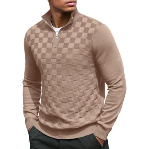 imageCOOFANDY Quarter Zip Pullover Men Dress Sweaters Long Sleeve Jacquard Checkered SweaterKhaki