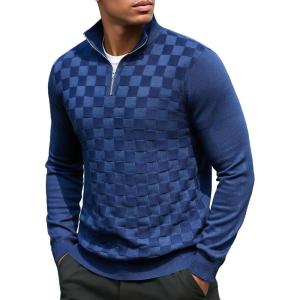 imageCOOFANDY Quarter Zip Pullover Men Dress Sweaters Long Sleeve Jacquard Checkered SweaterNavy Blue