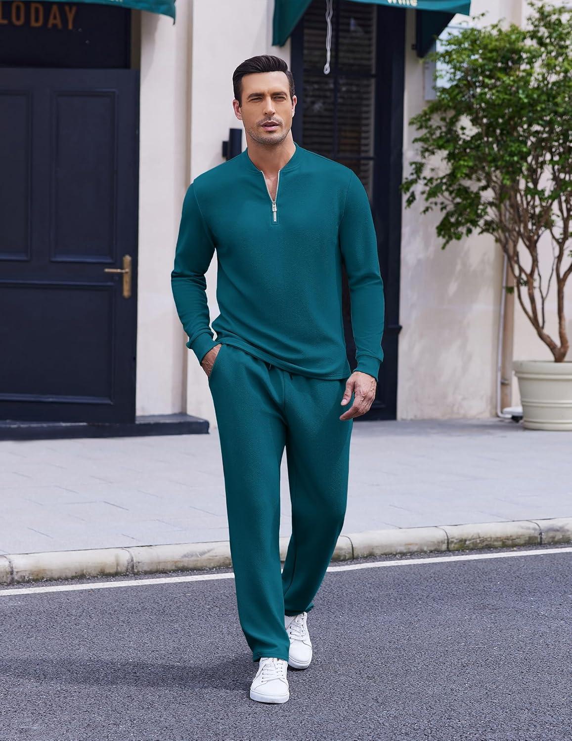 imageCOOFANDY Mens 2 Piece Tracksuit Set Polo Athletic Sweatsuit Quarter Zip Jogging Long Sleeve Casual Sports OutfitsDenim Blue