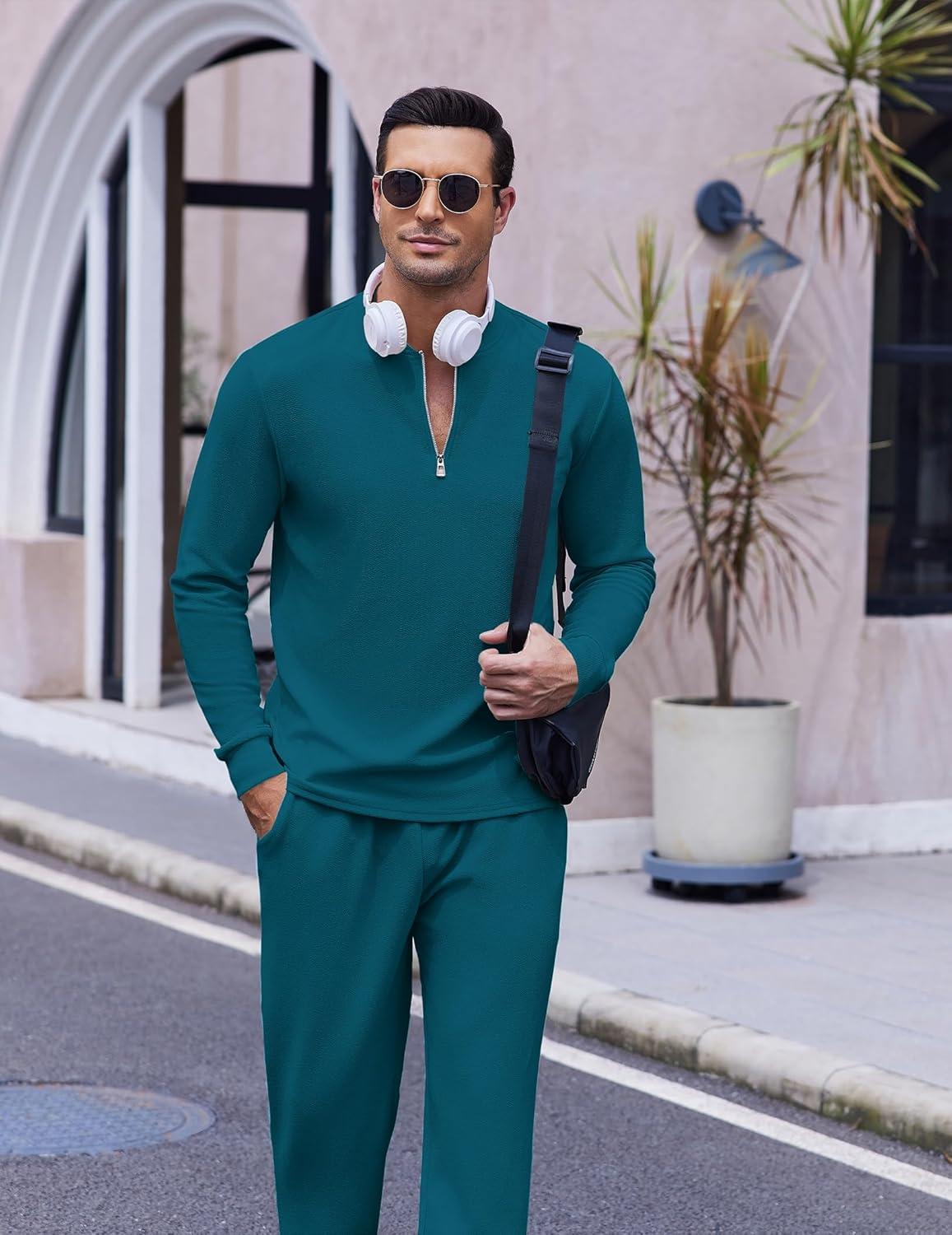 imageCOOFANDY Mens 2 Piece Tracksuit Set Polo Athletic Sweatsuit Quarter Zip Jogging Long Sleeve Casual Sports OutfitsDenim Blue