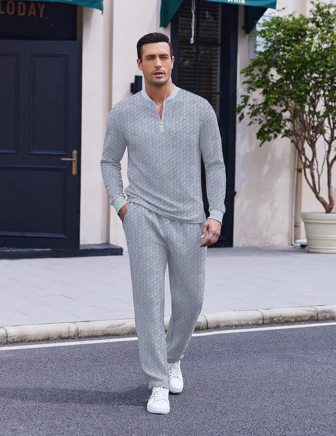 imageCOOFANDY Mens 2 Piece Tracksuit Set Polo Athletic Sweatsuit Quarter Zip Jogging Long Sleeve Casual Sports OutfitsLight Grey Jacquard