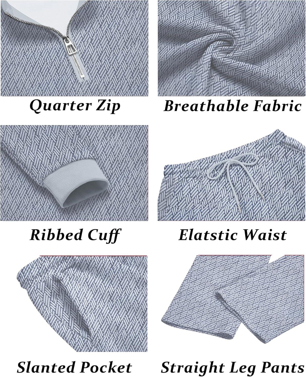 imageCOOFANDY Mens 2 Piece Tracksuit Set Polo Athletic Sweatsuit Quarter Zip Jogging Long Sleeve Casual Sports OutfitsLight Grey Jacquard