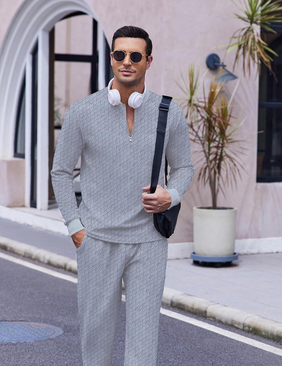 imageCOOFANDY Mens 2 Piece Tracksuit Set Polo Athletic Sweatsuit Quarter Zip Jogging Long Sleeve Casual Sports OutfitsLight Grey Jacquard