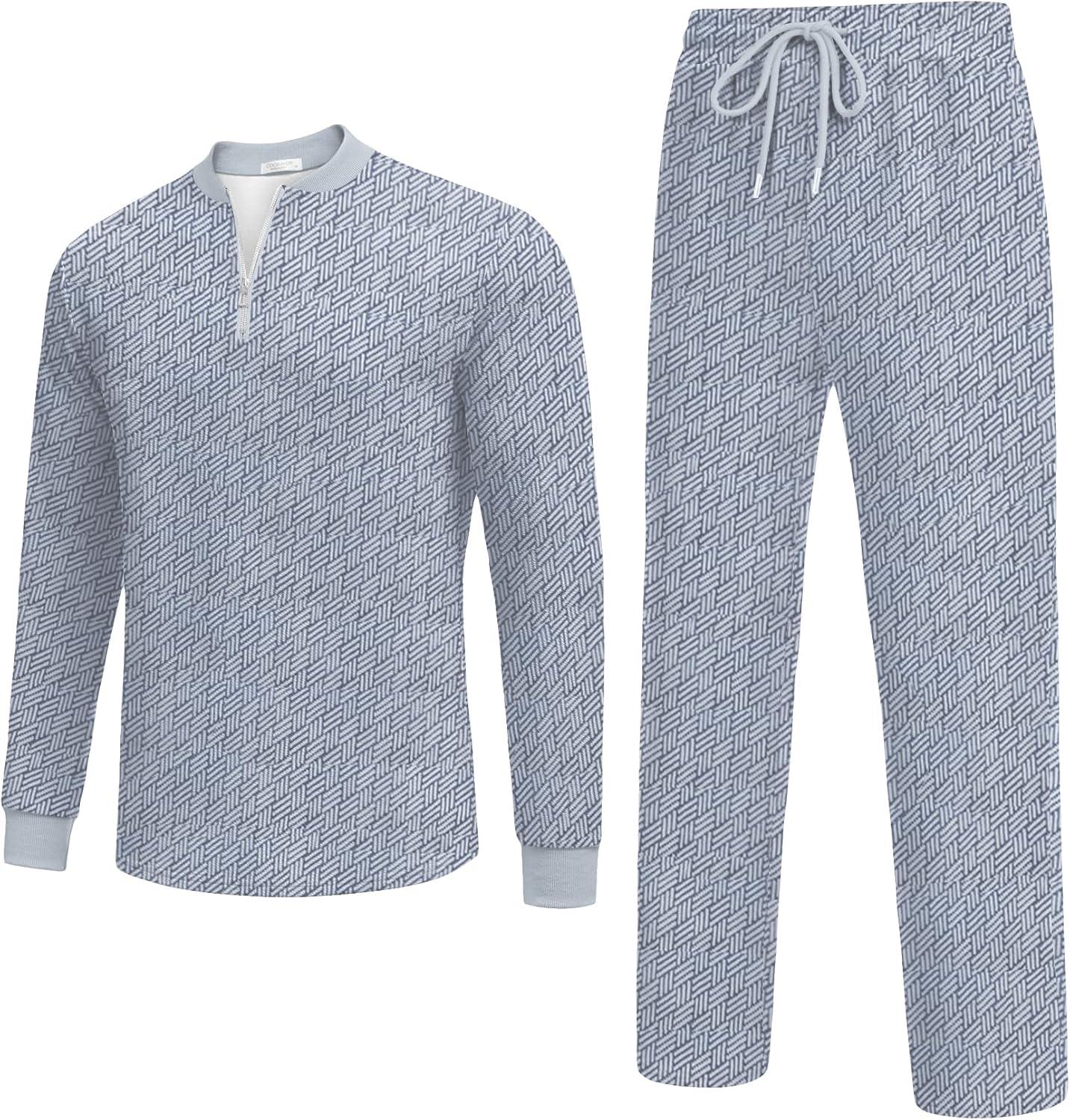 imageCOOFANDY Mens 2 Piece Tracksuit Set Polo Athletic Sweatsuit Quarter Zip Jogging Long Sleeve Casual Sports OutfitsLight Grey Jacquard