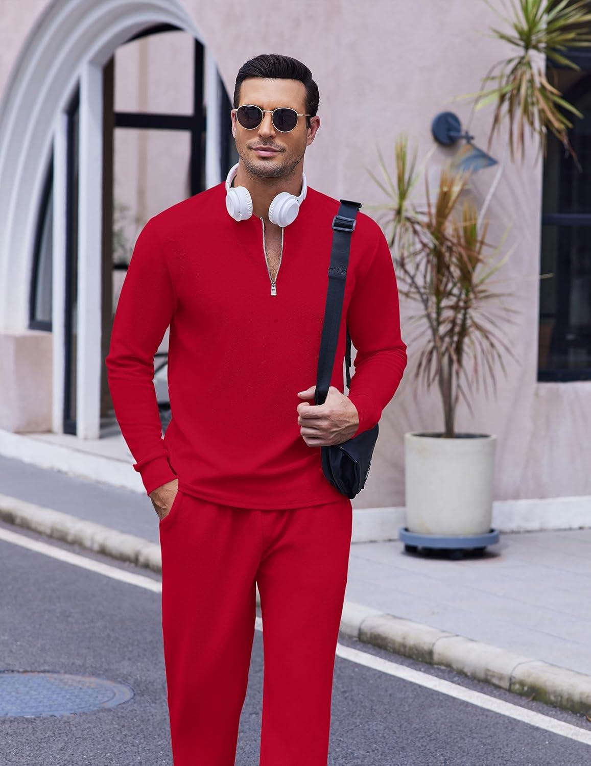 imageCOOFANDY Mens 2 Piece Tracksuit Set Polo Athletic Sweatsuit Quarter Zip Jogging Long Sleeve Casual Sports OutfitsRed