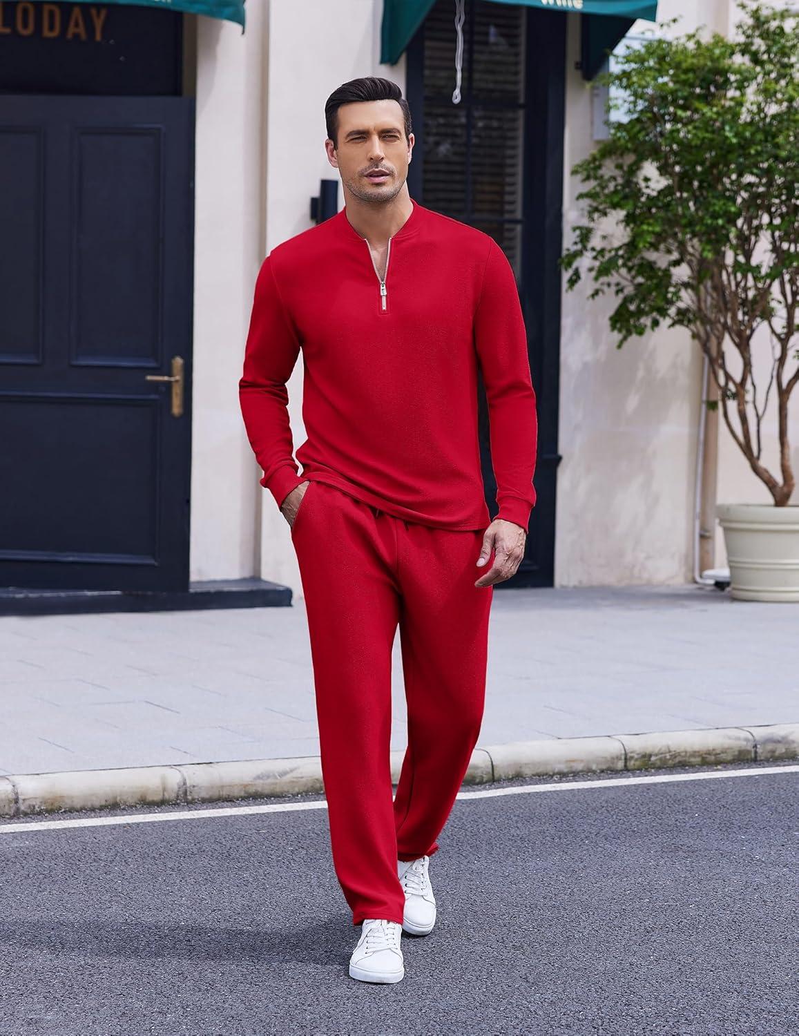 imageCOOFANDY Mens 2 Piece Tracksuit Set Polo Athletic Sweatsuit Quarter Zip Jogging Long Sleeve Casual Sports OutfitsRed