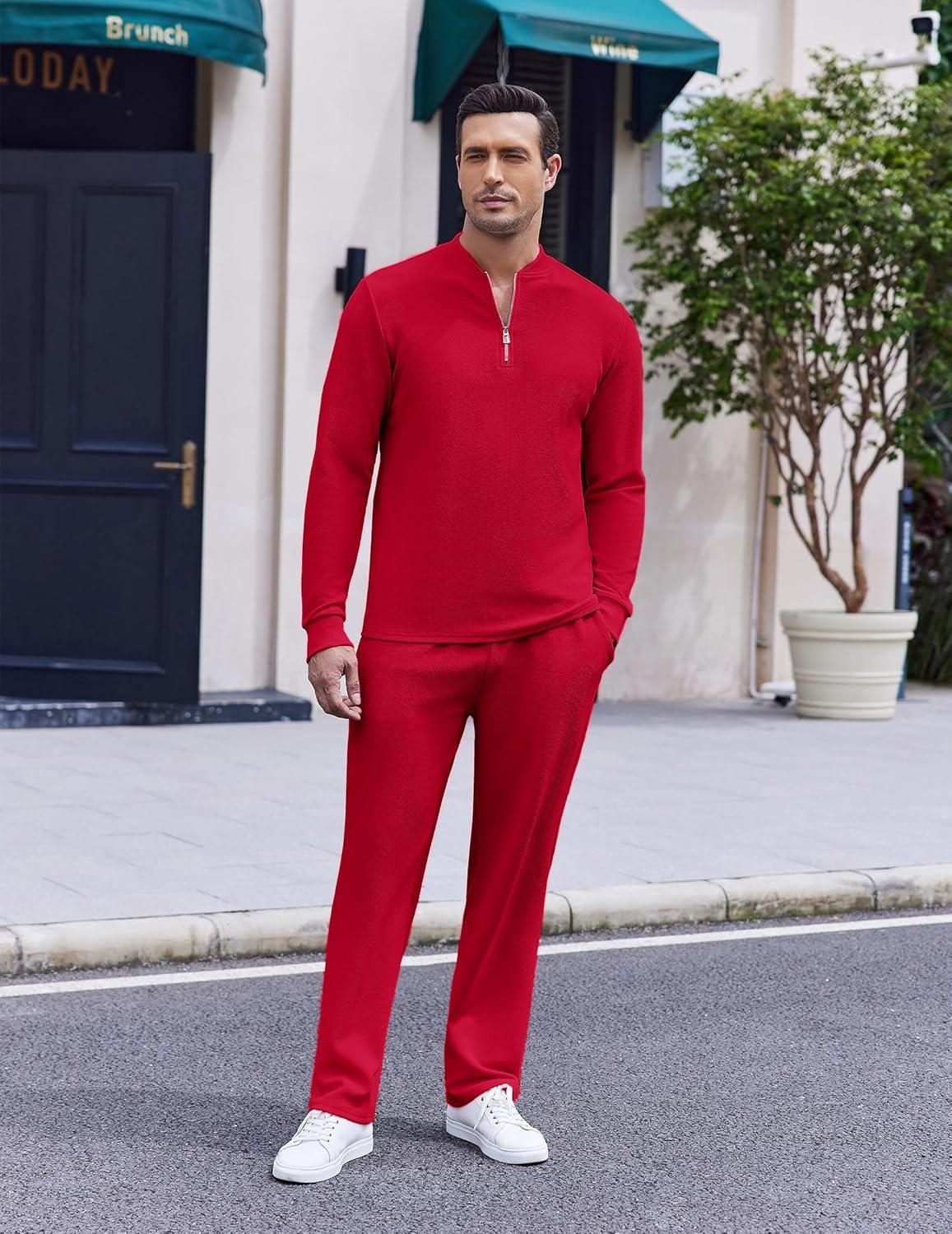 imageCOOFANDY Mens 2 Piece Tracksuit Set Polo Athletic Sweatsuit Quarter Zip Jogging Long Sleeve Casual Sports OutfitsRed
