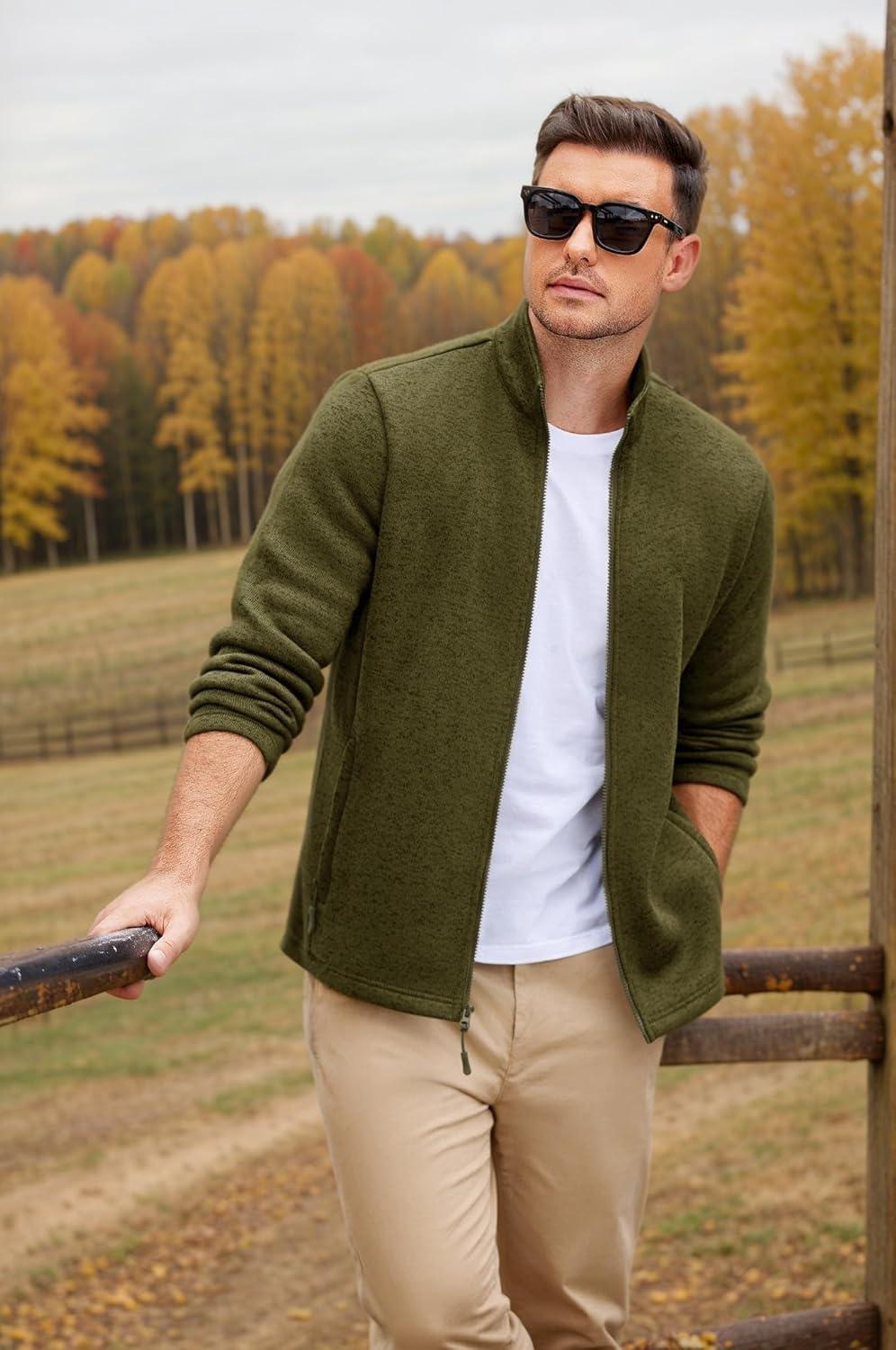 imageCOOFANDY Mens Fleece Jacket Zip Up Lightweight Sweater Jackets Casual Warm with Pockets for Home Office HikingArmy Green