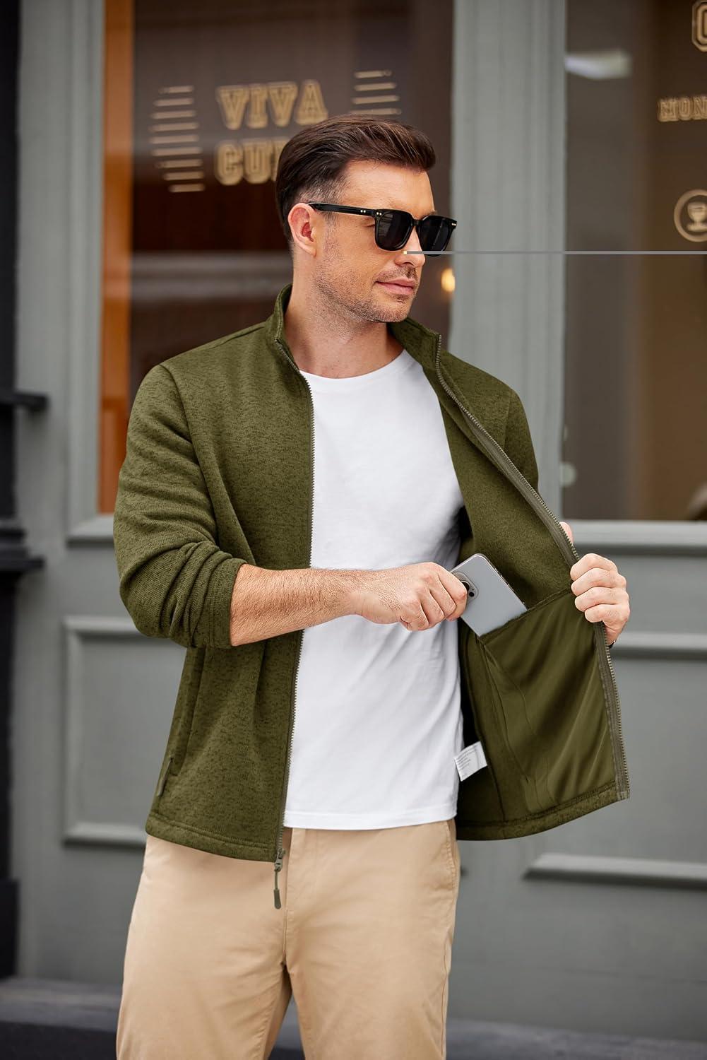 imageCOOFANDY Mens Fleece Jacket Zip Up Lightweight Sweater Jackets Casual Warm with Pockets for Home Office HikingArmy Green