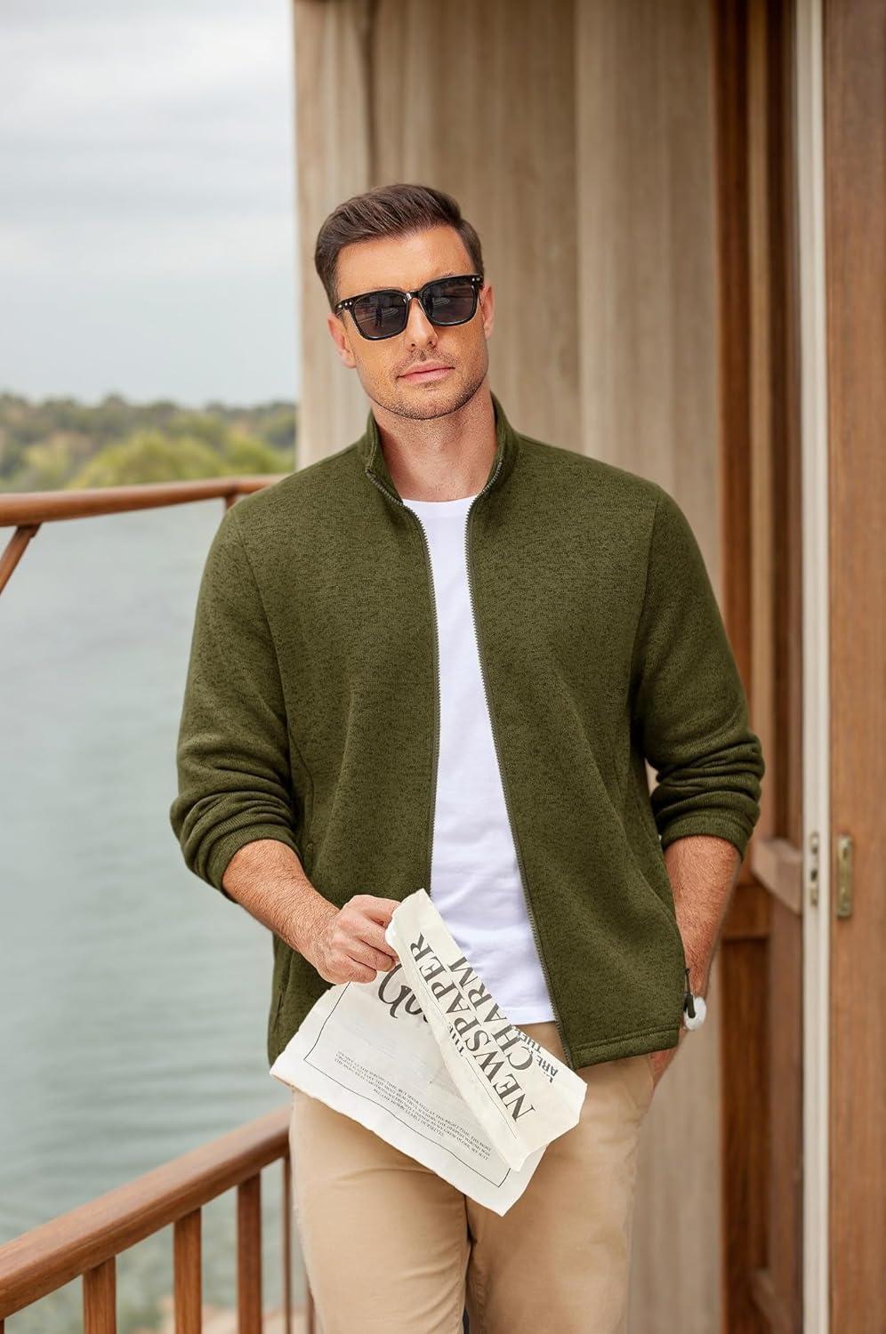 imageCOOFANDY Mens Fleece Jacket Zip Up Lightweight Sweater Jackets Casual Warm with Pockets for Home Office HikingArmy Green